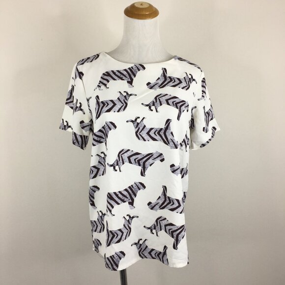 TWIK SIMONS White Multi Color Tiger Print Zip Back Short Sleeve Shirt Top - Picture 5 of 10